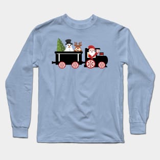 Santa Claus driving locomotive with snowman and reindeer in the wagon Long Sleeve T-Shirt